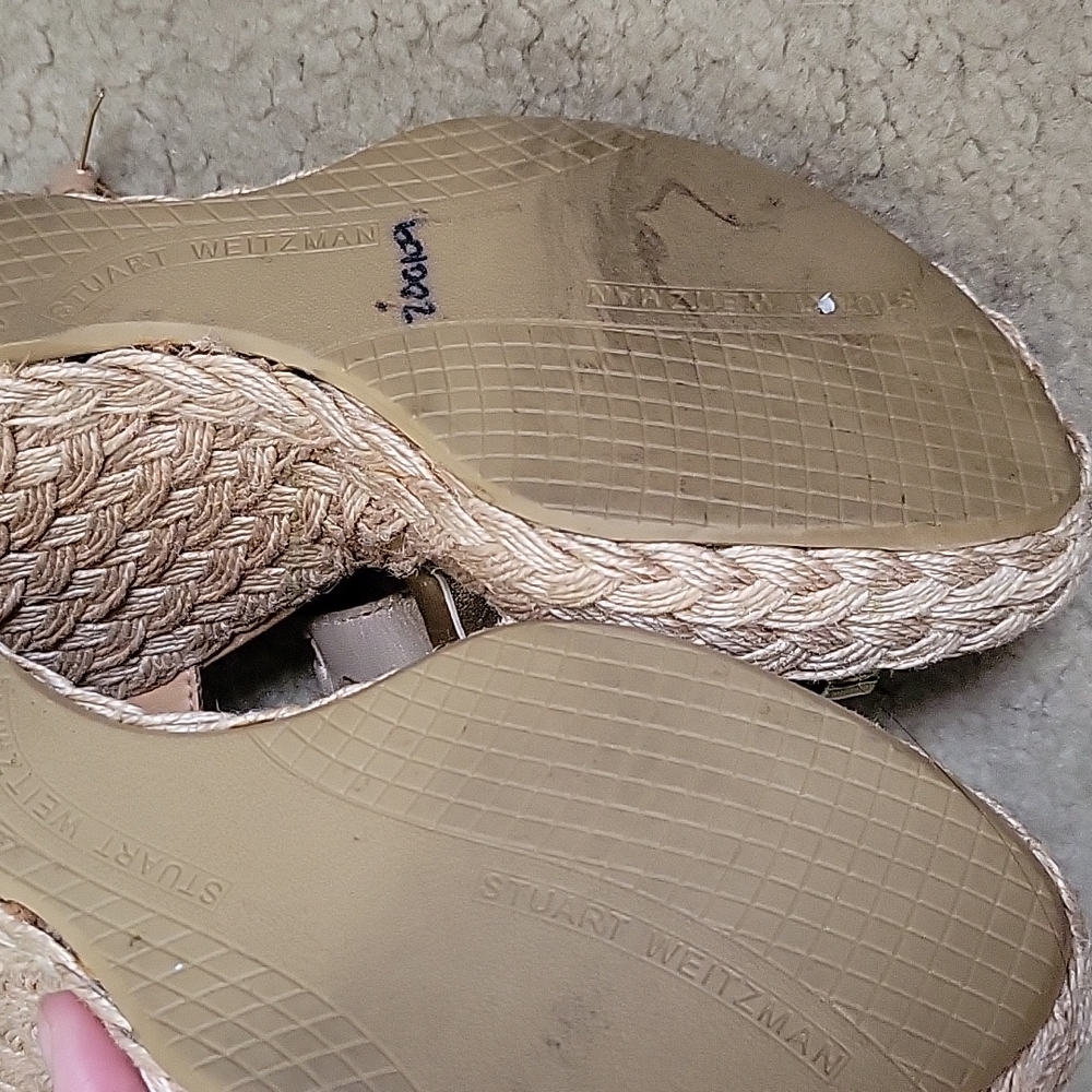Stuart Weitzman Nude Gold Leather Espadrille Wedge Sandals Ankle Strap Size 8M - Picture 6 of 7